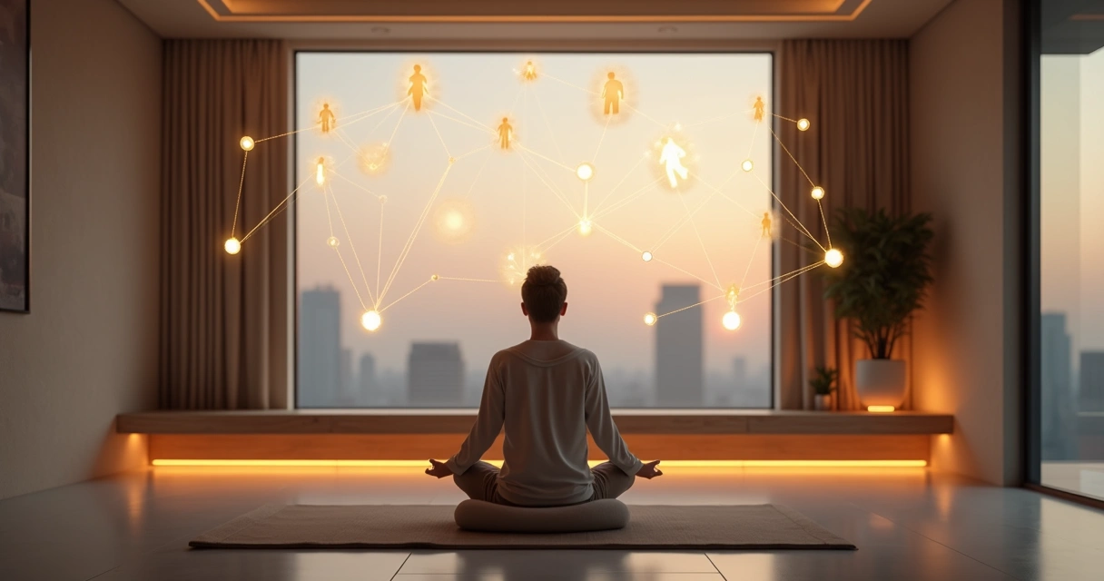 Person observing an illuminated network of human silhouettes in a calm space 