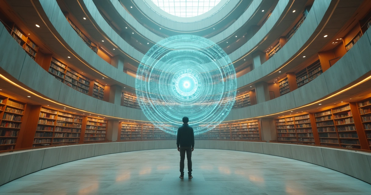 Student observing luminous conceptual diagrams in an abstract labyrinth library 