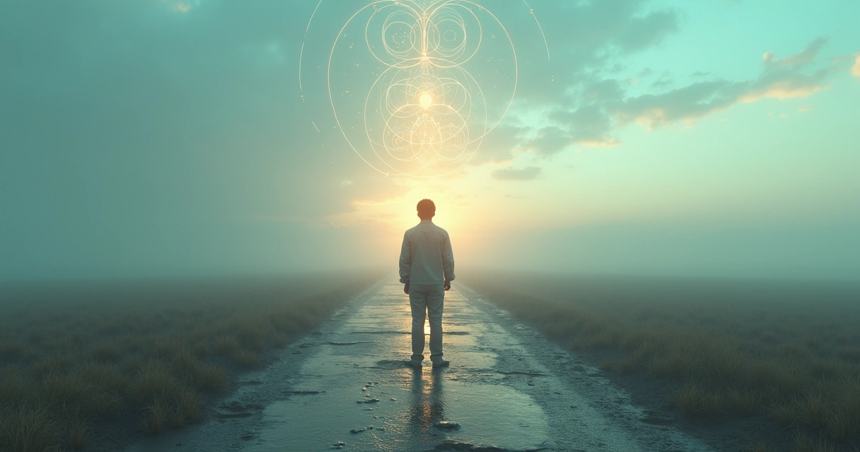 Person on a forked path between fragmented symbols and an integrated luminous mind diagram 