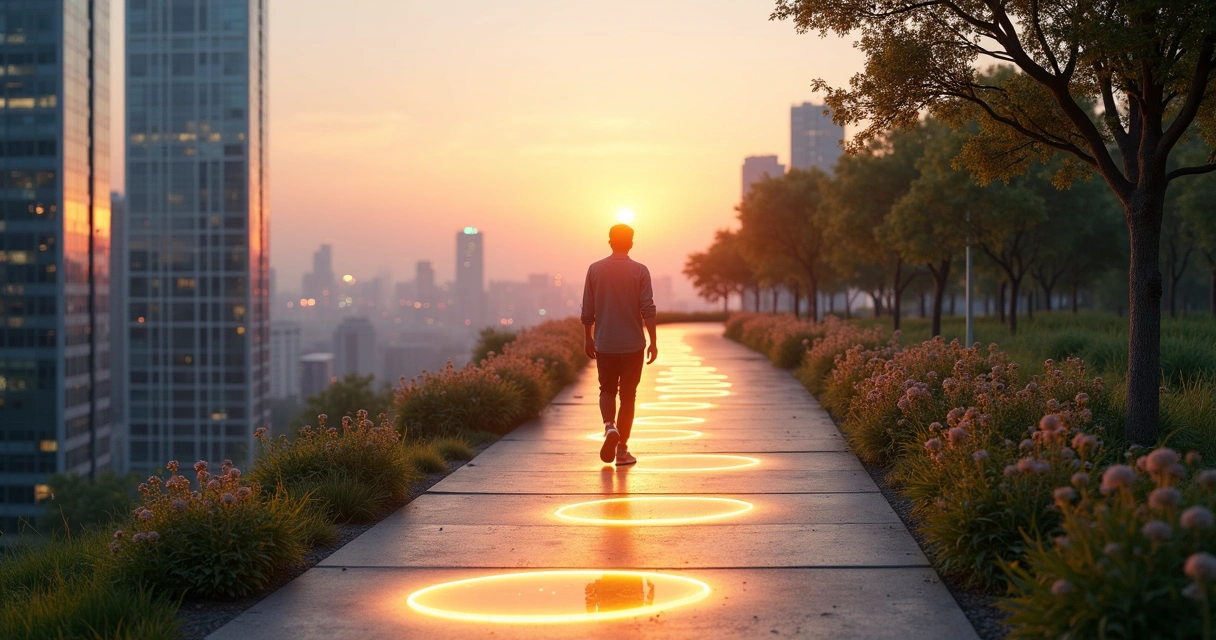 Person walking a luminous path through a city blending nature and technology 