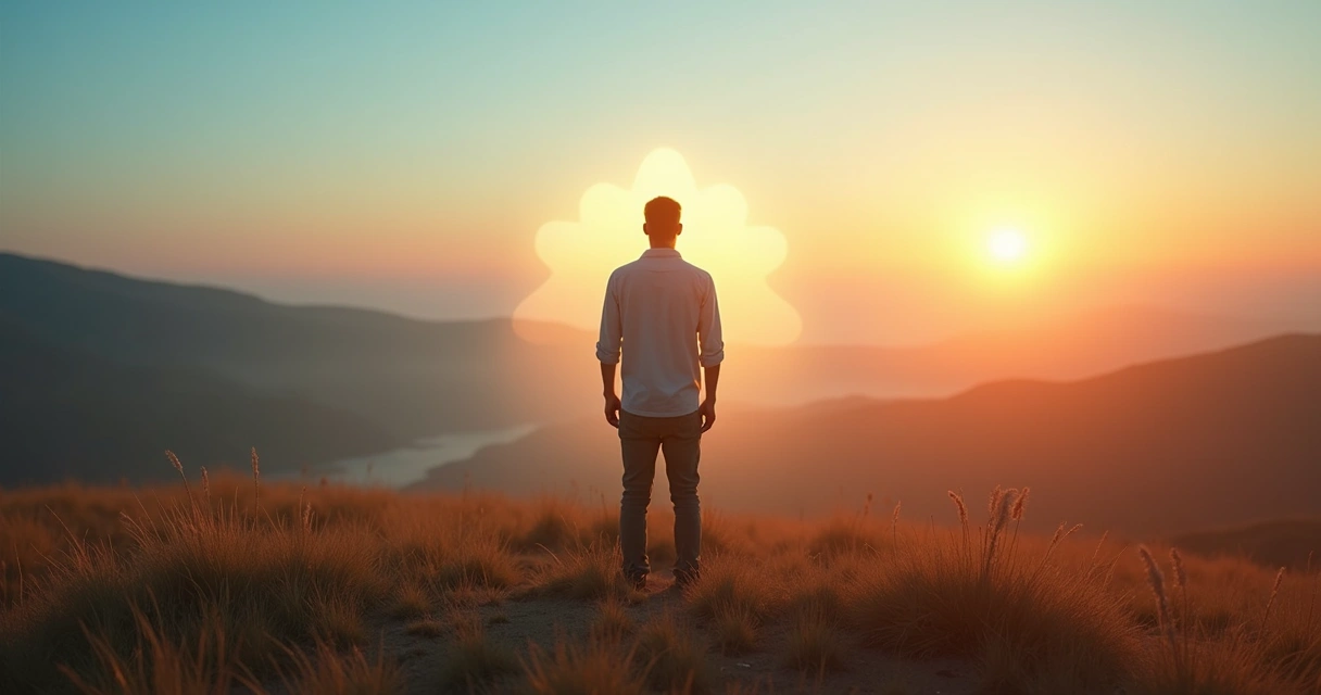 Person standing in nature with three subtle light silhouettes symbolizing integrated consciousness 