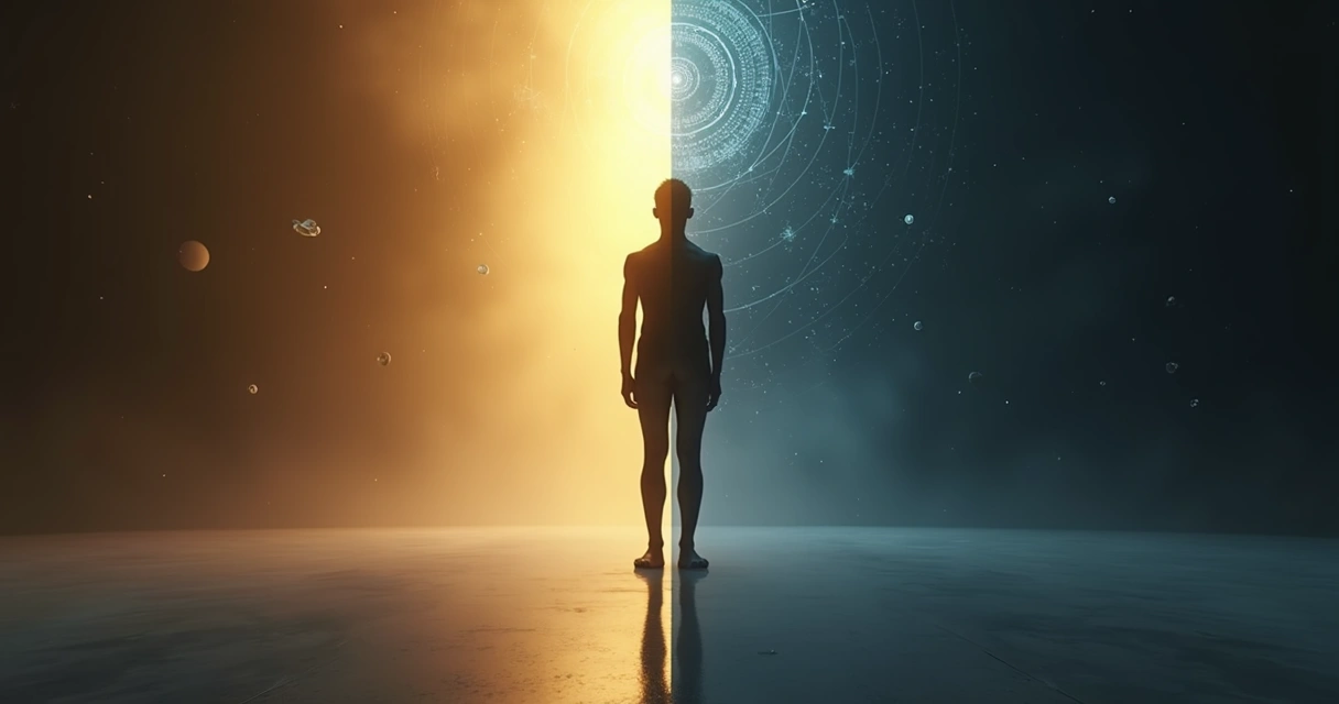 Human silhouette split between light and shadow with mirrored Jungian and Marquesian symbols 