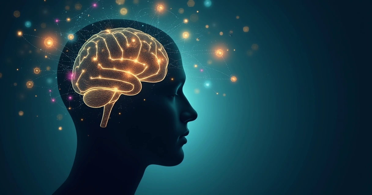 Human silhouette with glowing brain surrounded by floating abstract concepts 