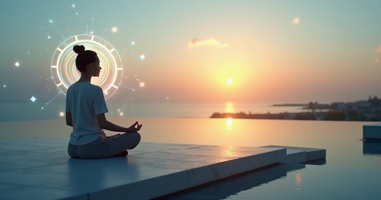 Person meditating at sunrise with soft geometric light shapes around the body 