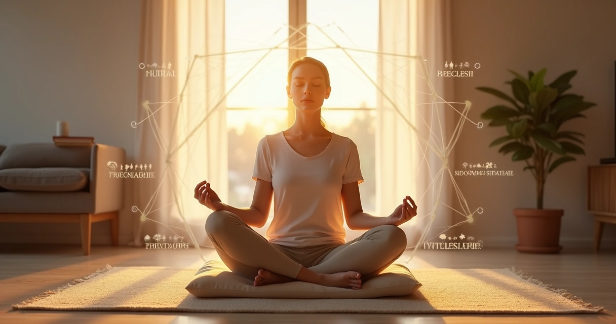 Person meditating in a modern room with glowing geometric field and subtle system connections 