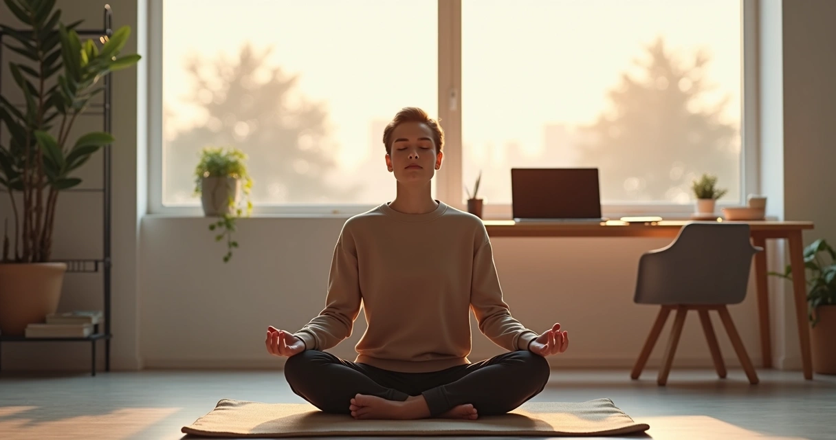 Professional practicing Marquesian meditation in a calm office space 