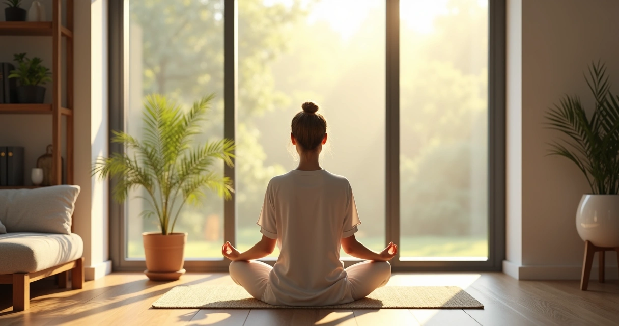 Person meditating by a window with soft light, hands resting on lap, peaceful indoor environment 