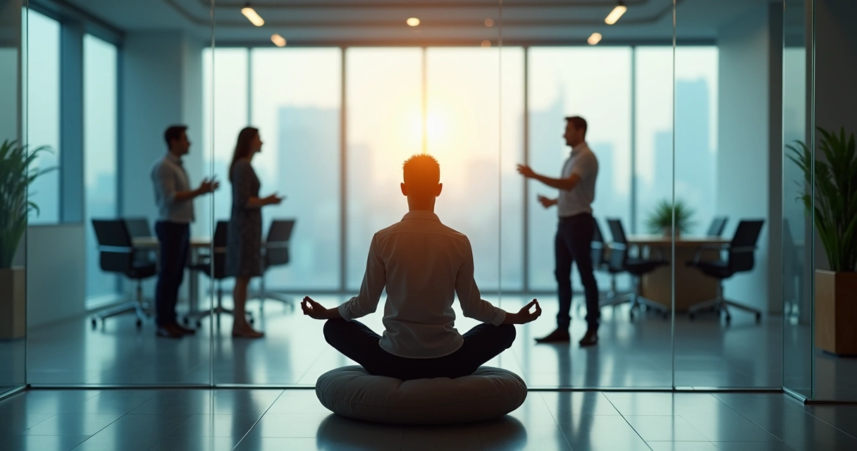 Calm person meditating in a glass meeting room while tense coworkers argue outside 