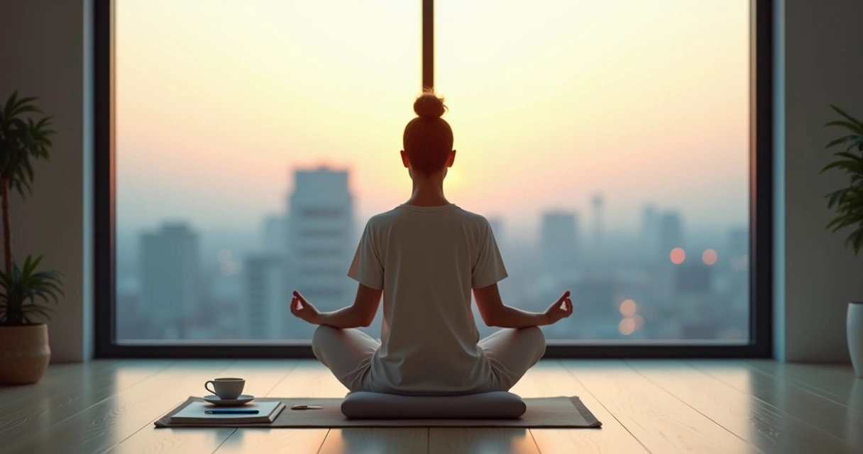 Person meditating by a window with city view and soft morning light 