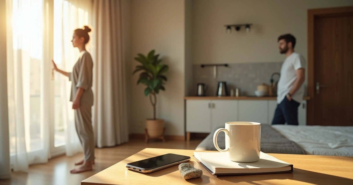 Person practicing subtle meditation moments during a calm morning routine at home 