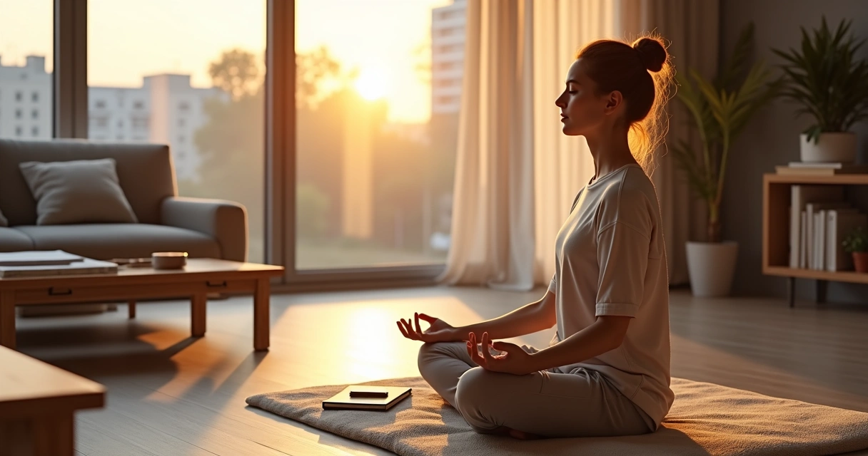 Person practicing Marquesian meditation in a calm living room at sunrise 
