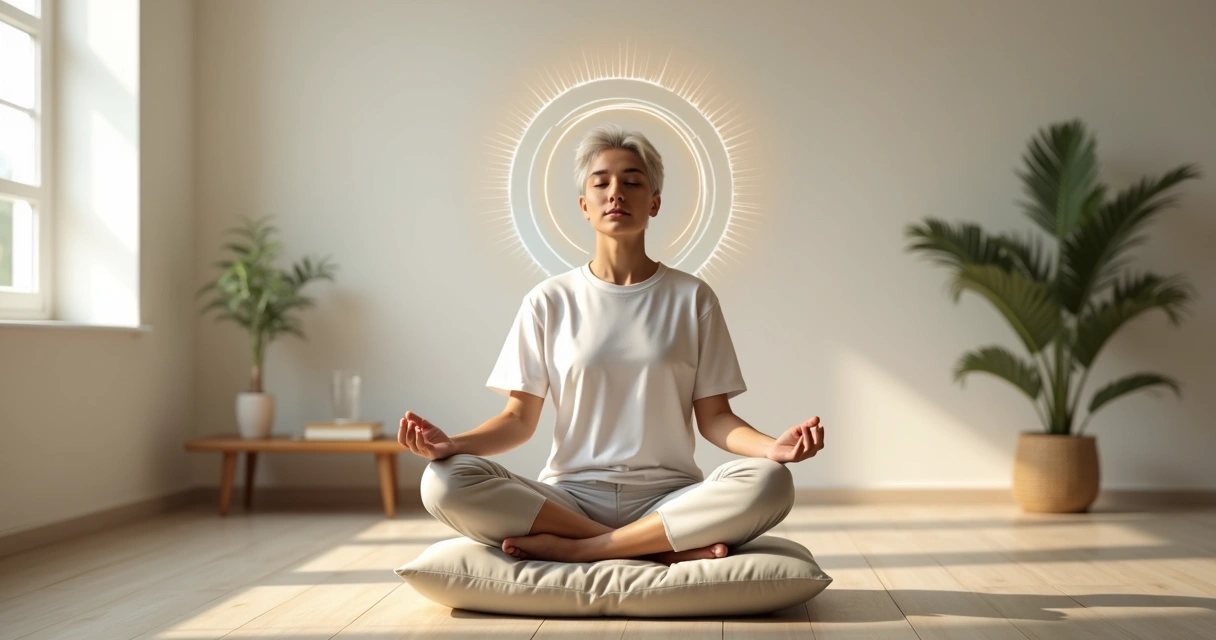 Person meditating indoors with light trail showing emotional clarity around the head 