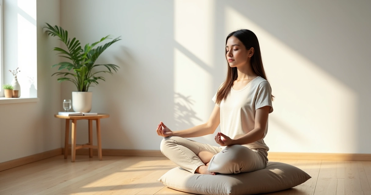 Person meditating calmly in a minimalist room with soft natural light 