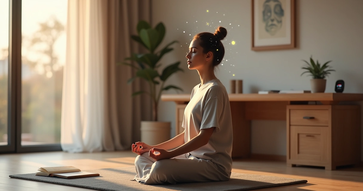 Person meditating in a calm workspace with soft light and focused atmosphere 