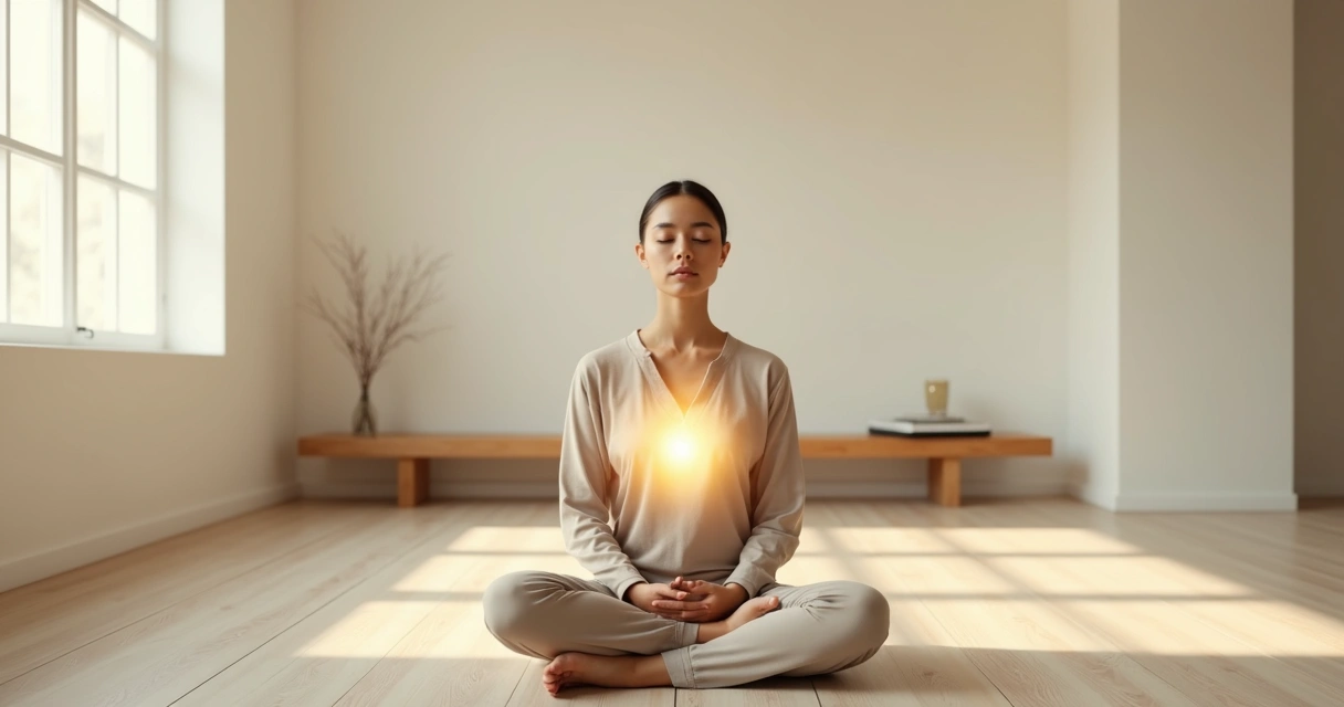 Person meditating in a minimalist room with light flowing from the heart area 