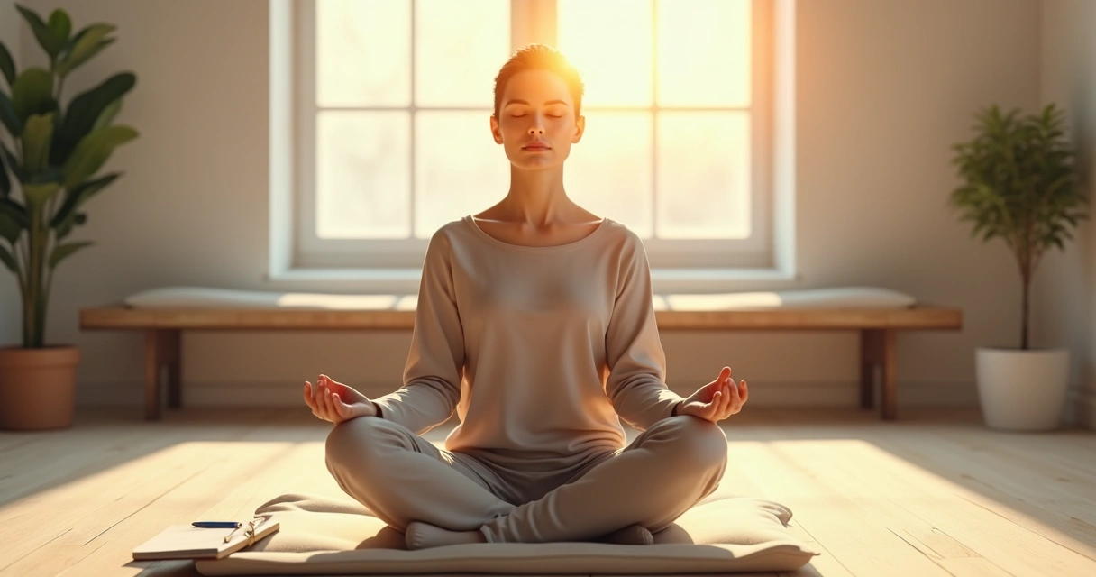 Person meditating indoors with light beam symbolizing inner clarity 