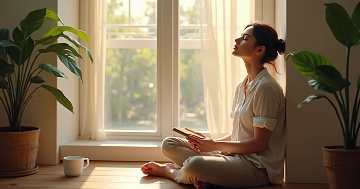 Person practicing self-inquiry meditation, sitting by a window with light touching their face, serene expression, notebook in hand 
