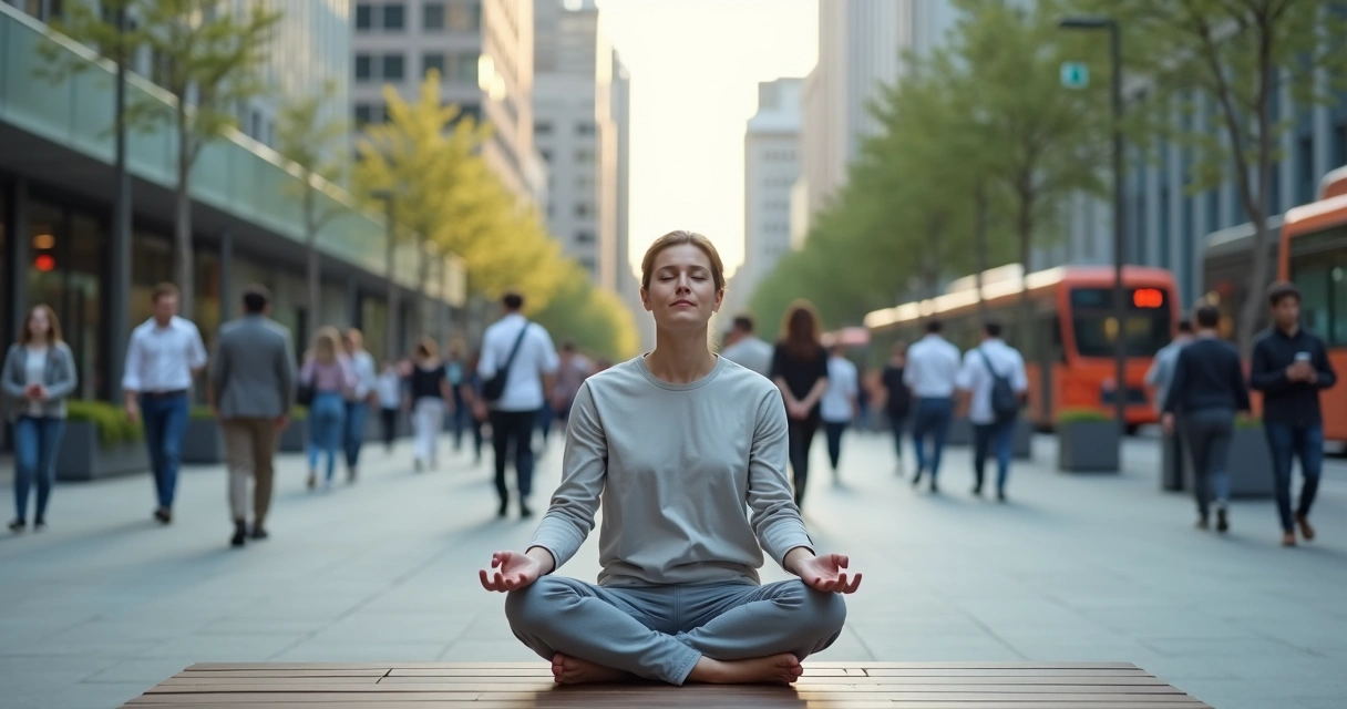 Person practicing calm breathing in a busy urban public space 