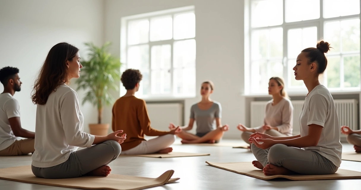 Group practicing meditation sitting on mats 