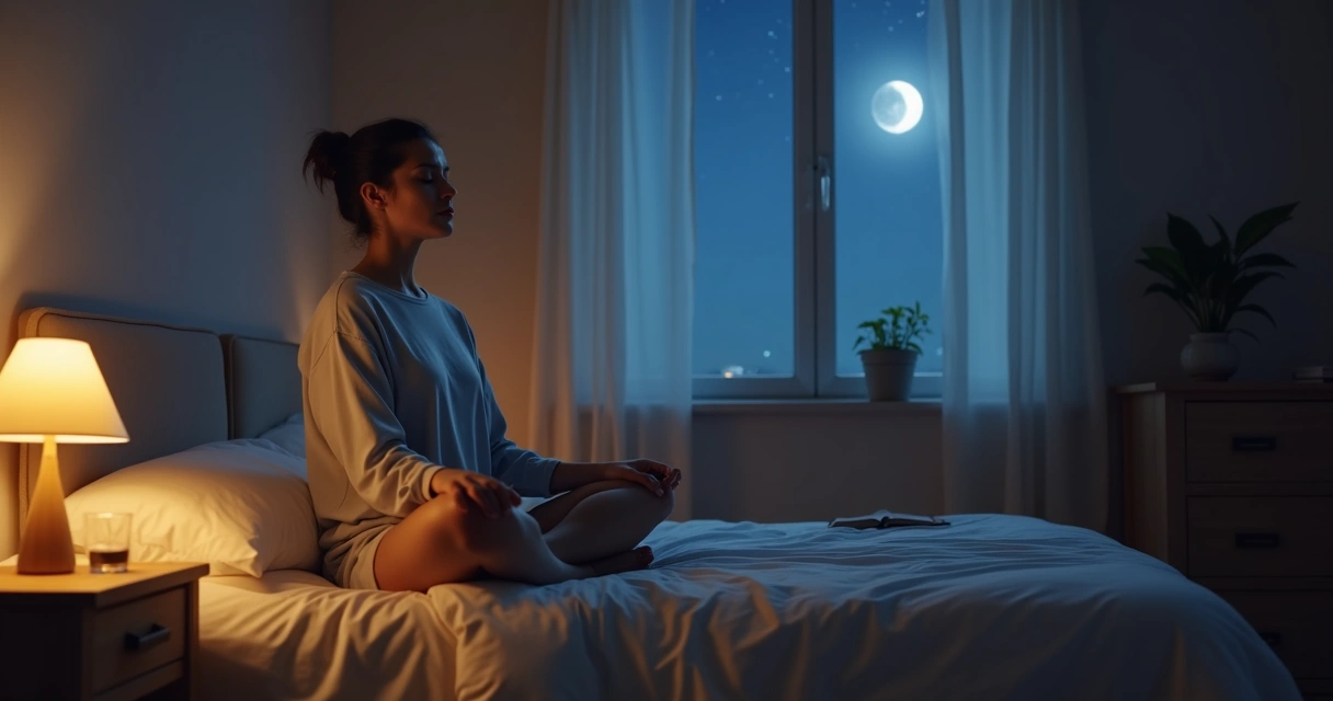 Person meditating in bed before sleep in a softly lit bedroom 
