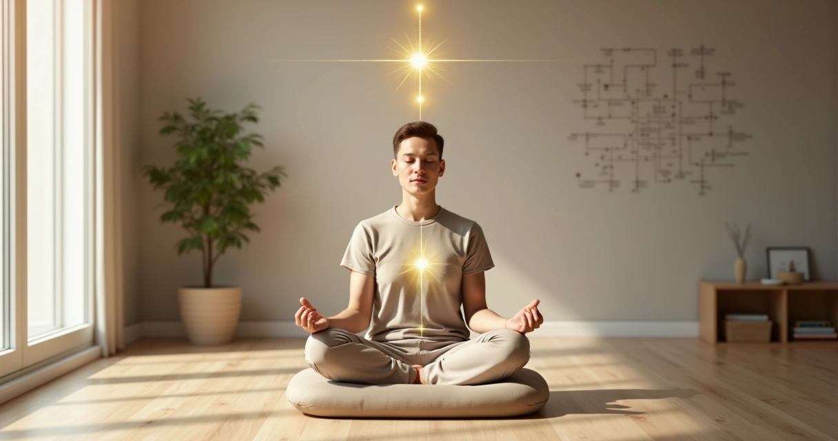 Person meditating indoors with light path aligning mind heart and body 