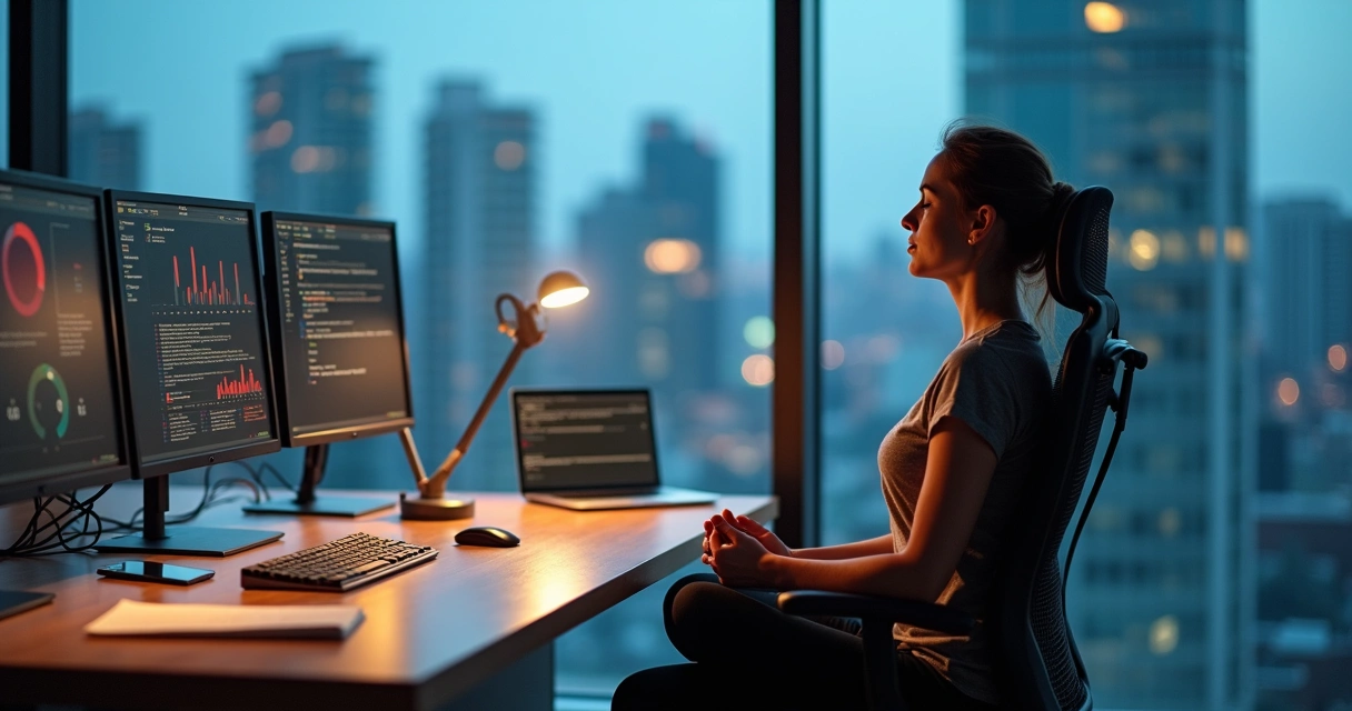 Person practicing meditation in a city office during high-stress moment 