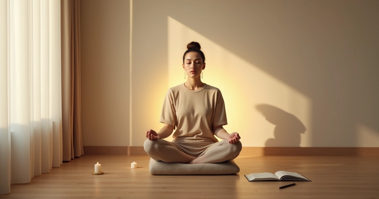 Person meditating in a quiet room with soft light forming a protective cocoon around the body 