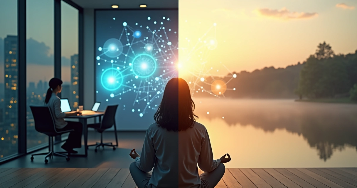 Split scene contrasting Marquesian meditation with traditional mindfulness practice 