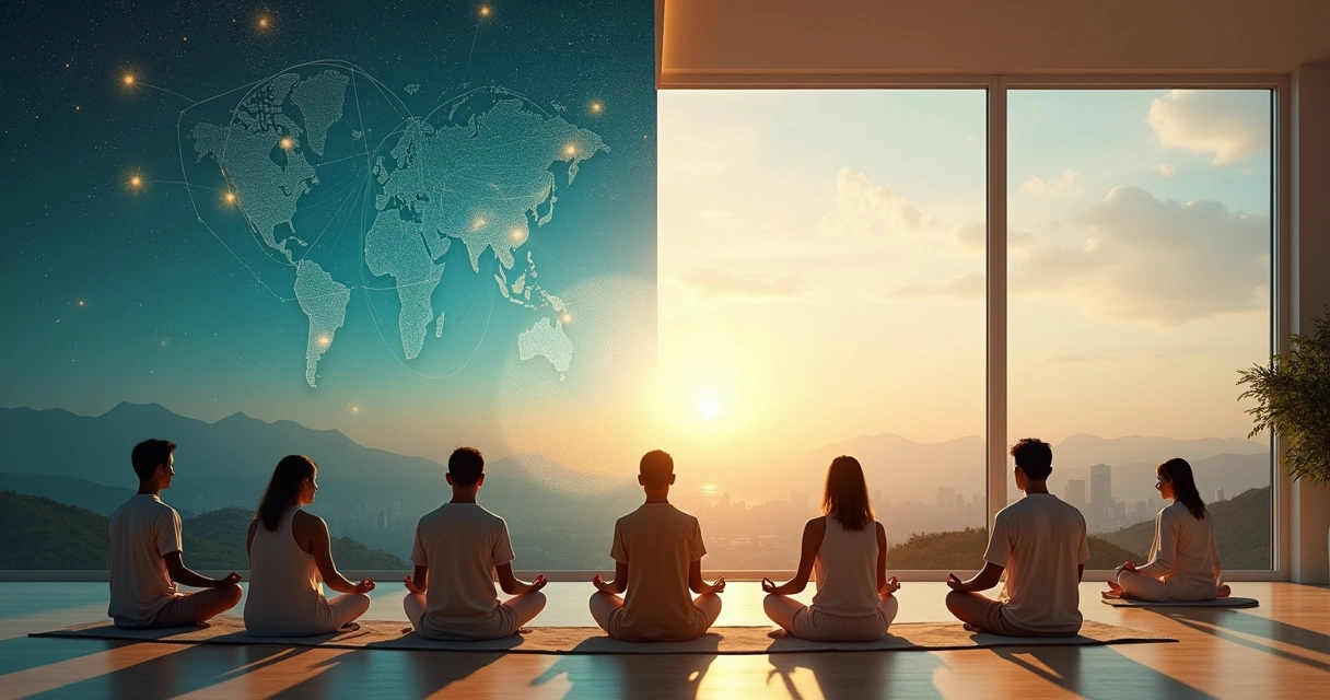 Split scene contrasting Marquesian meditation in a global context with individual mindfulness practice 