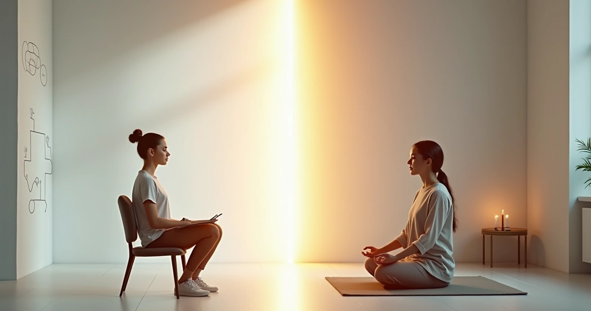 Split scene contrasting Marquesian meditation with mindfulness practice 