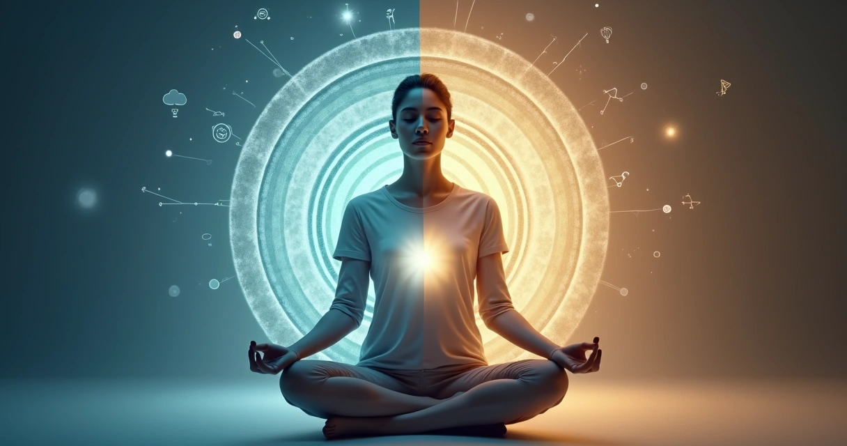 Person meditating between abstract brain and luminous consciousness circle 