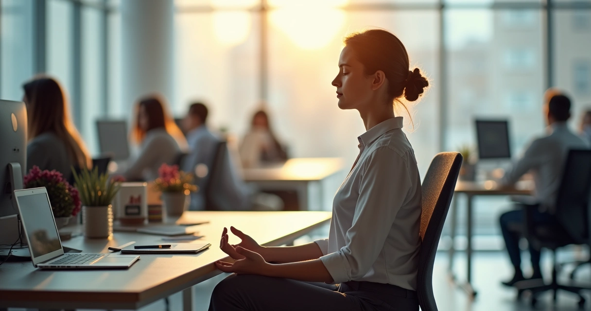 Professional meditating calmly in a modern office with colleagues and digital stress fading into light 