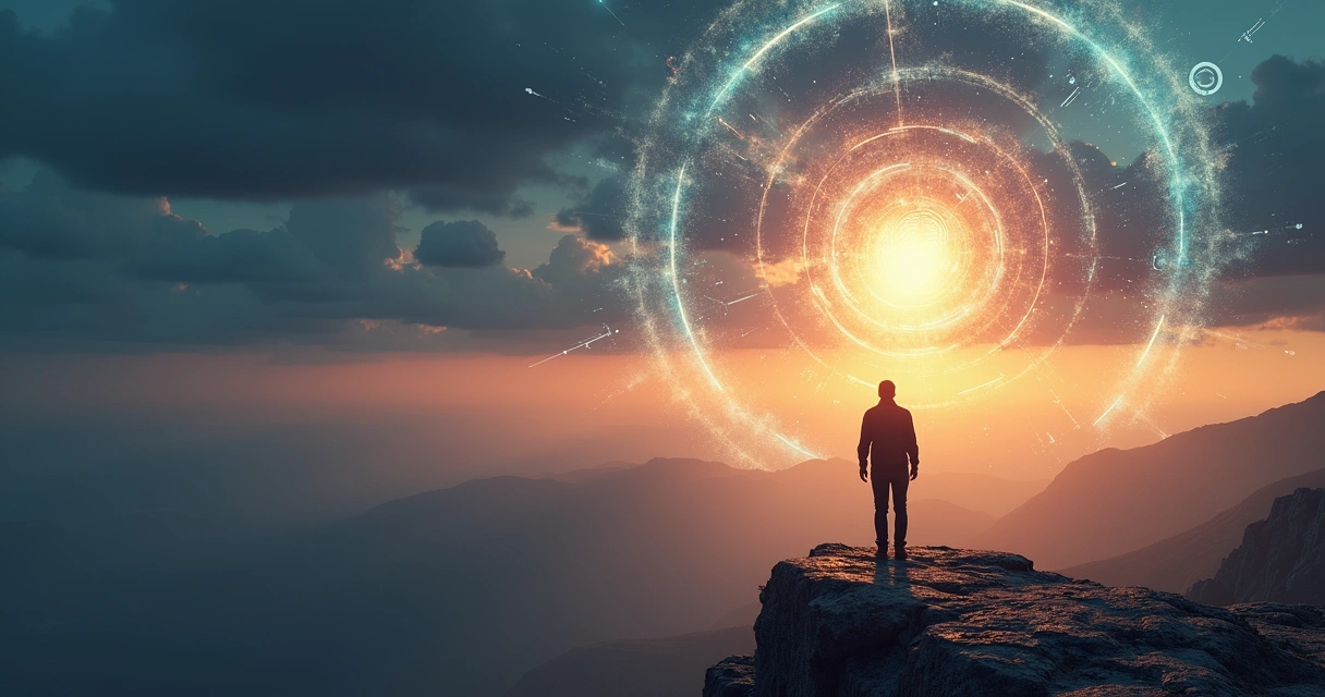 Person on mountain peak facing luminous geometric spiral in the sky 