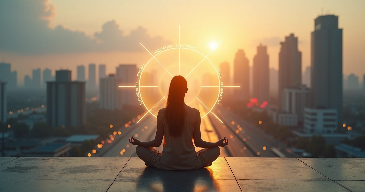 Person meditating between light and shadow cityscape symbolizing inner ethical balance 