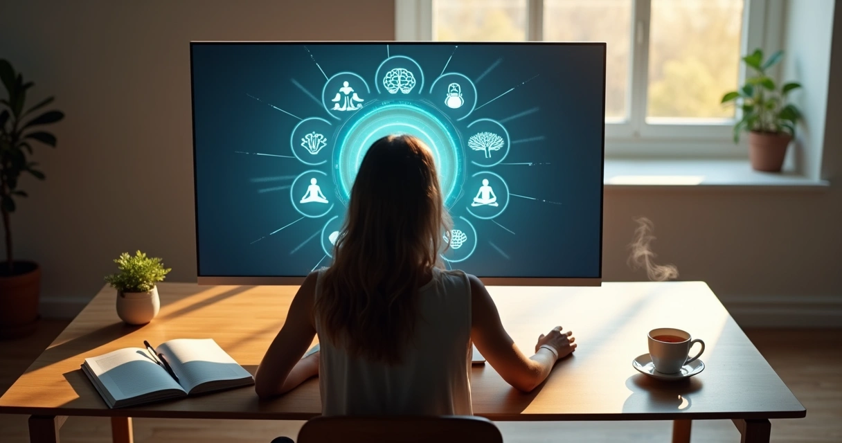 Person mapping seven interconnected frameworks on a luminous circular diagram 