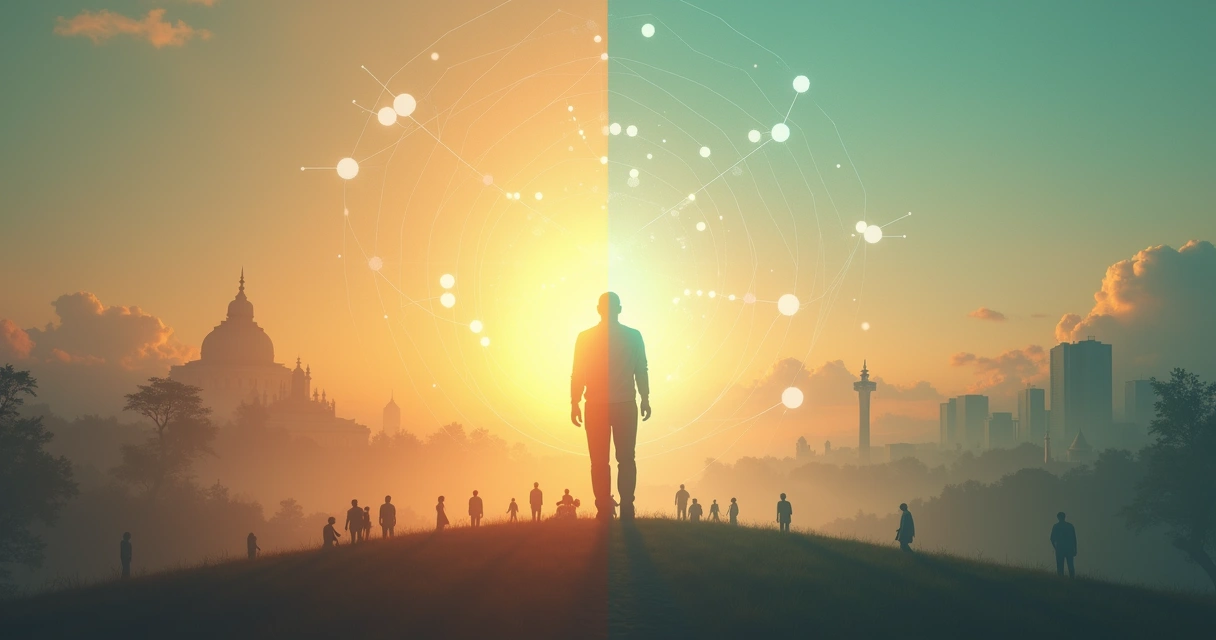 Contrasting paths of Marquesian philosophy and traditional spirituality merging into integrated human silhouette 