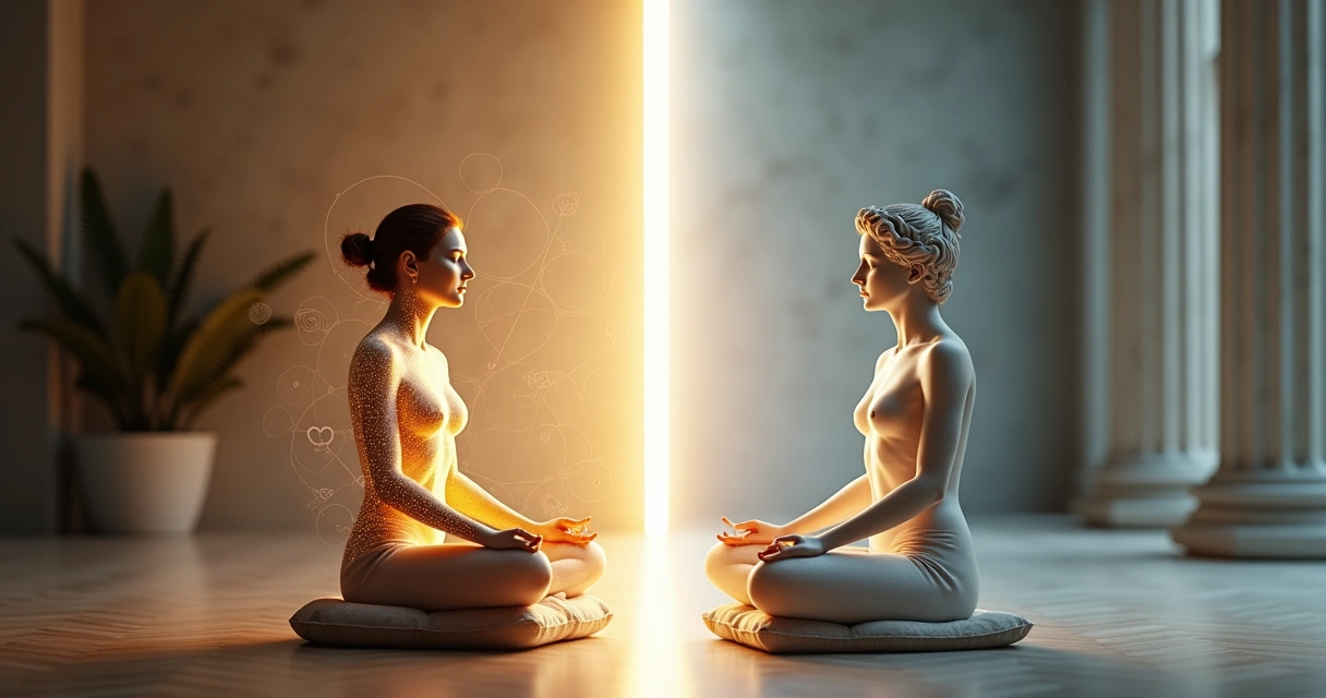 Contrast between a meditative figure and a classical stoic statue divided by a subtle light line 