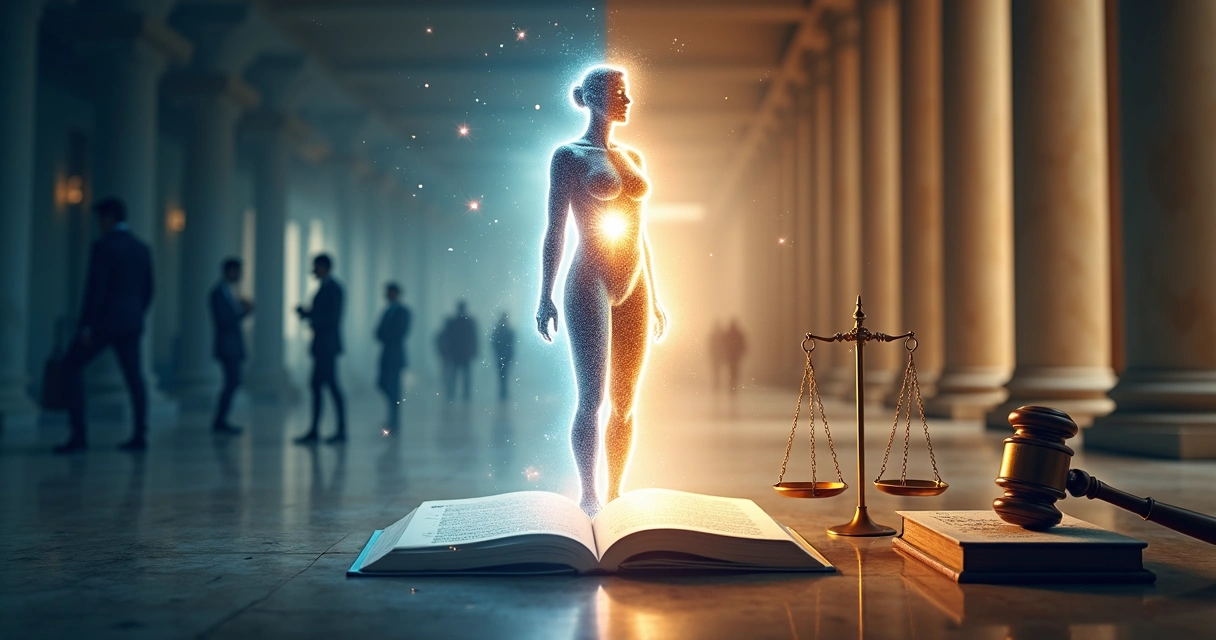 Human figure split between abstract consciousness field and classical ethical symbols 