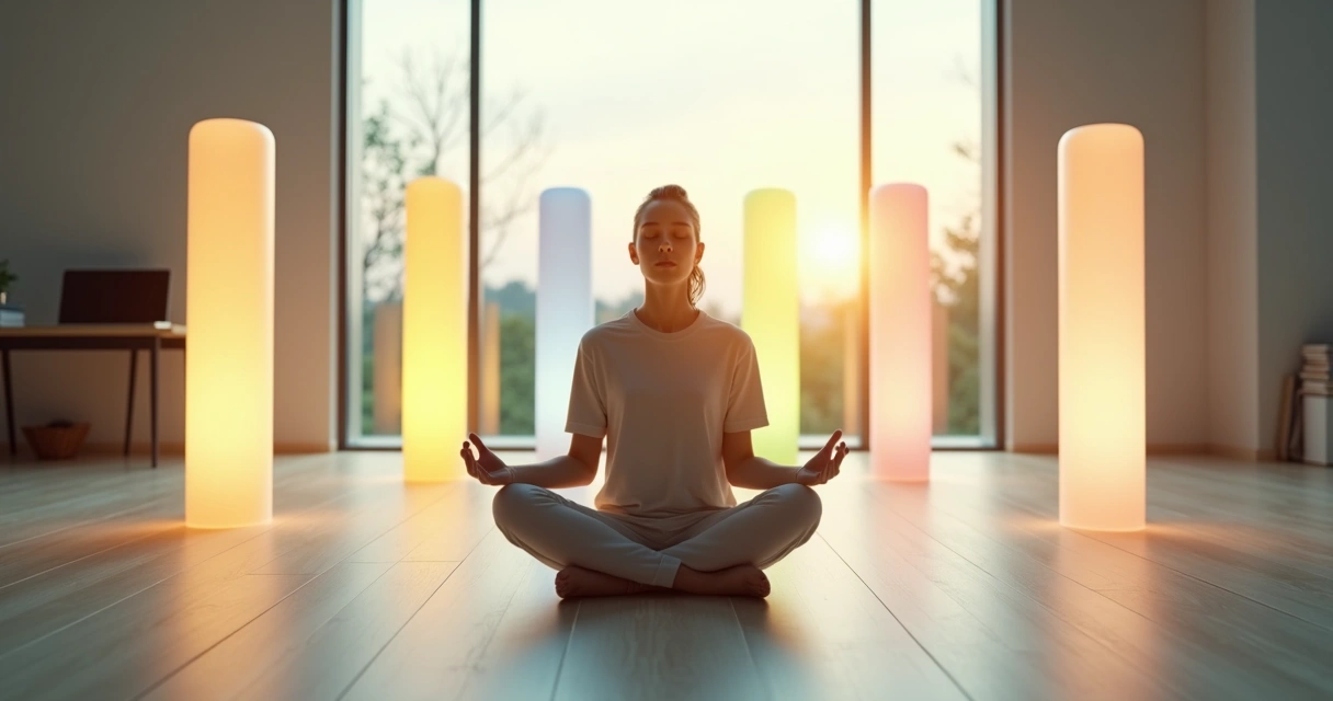 Person sitting calmly in a circle of five luminous pillars 