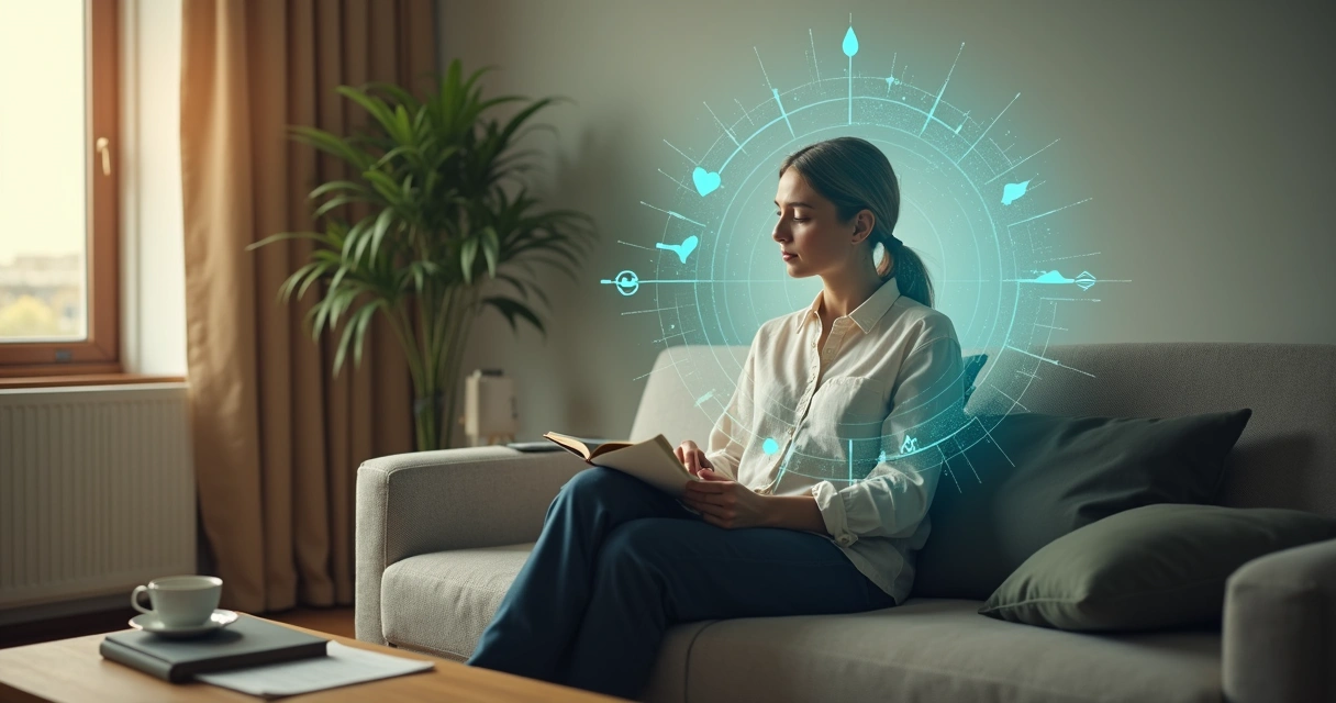 Person sitting in living room with glowing mind and subtle energy field around them 