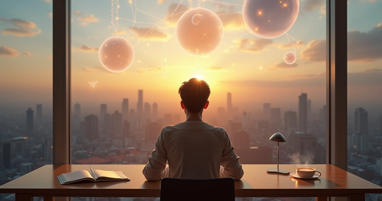 Person studying psychology diagram with three luminous spheres over city skyline at sunrise 