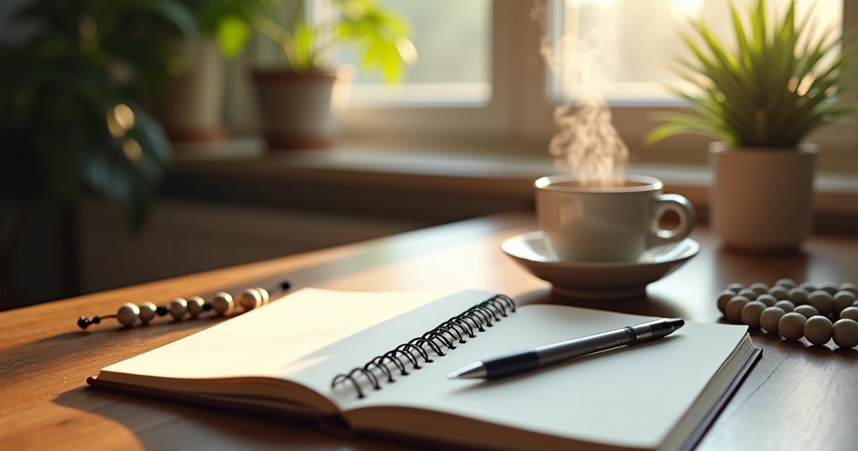 Desk with notebook, pen, and cup, with meditation beads and calm atmosphere
