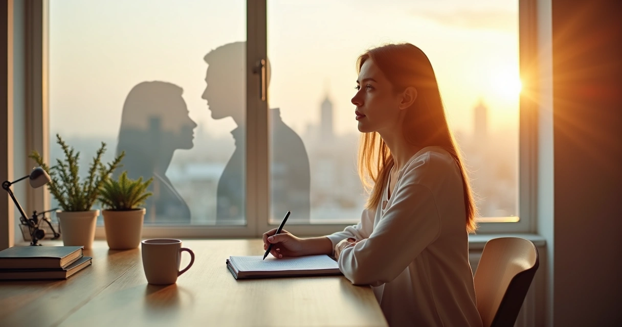 Person reflecting by a window with overlapping silhouettes symbolizing inner selfs and conscious self-leadership 