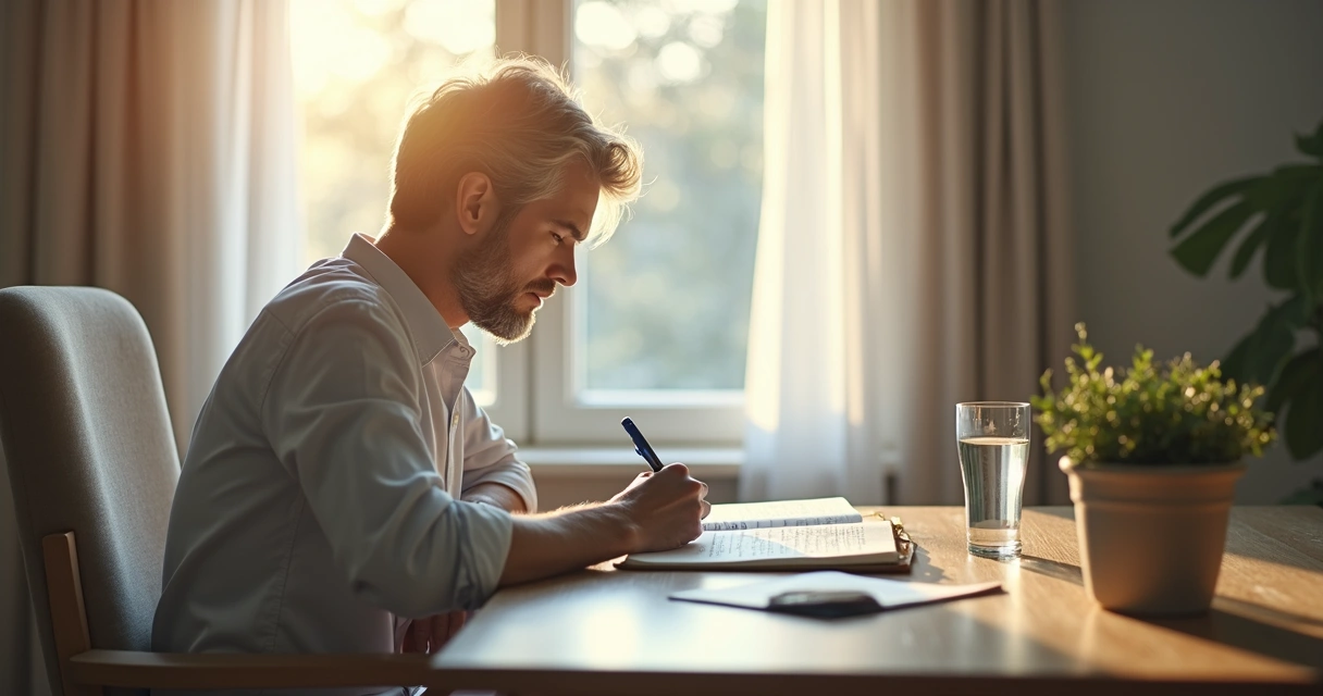 Person journaling in front of a window with soft morning light and abstract concentric circles around the head 