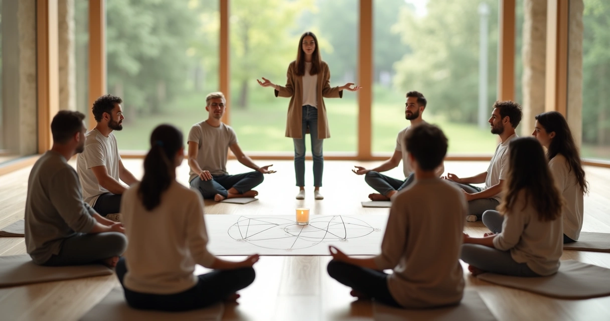 Facilitator guiding people in a circle representing a systemic constellation 