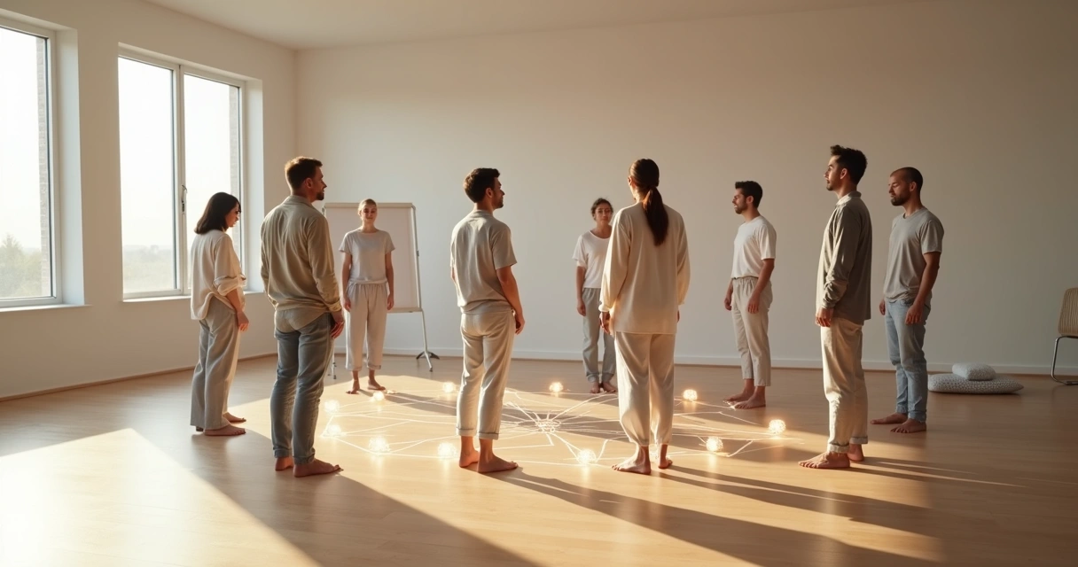 People in a circle representing systemic constellation with light lines connecting them 