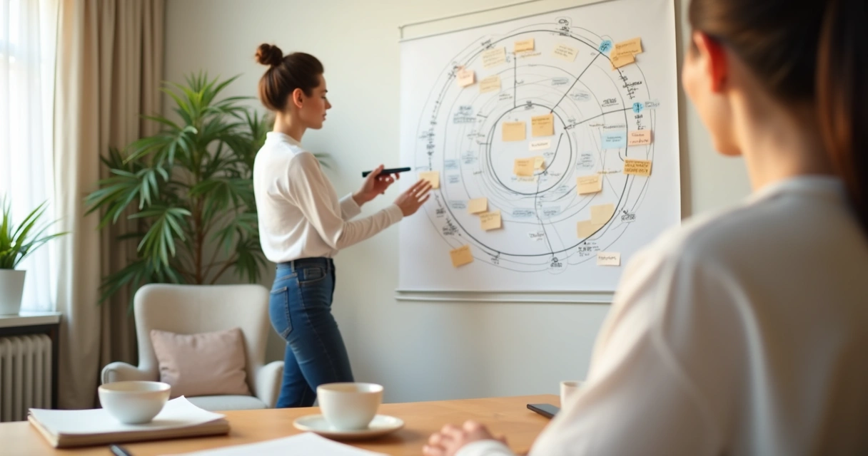 Life coach mapping human systems on a large wall diagram 