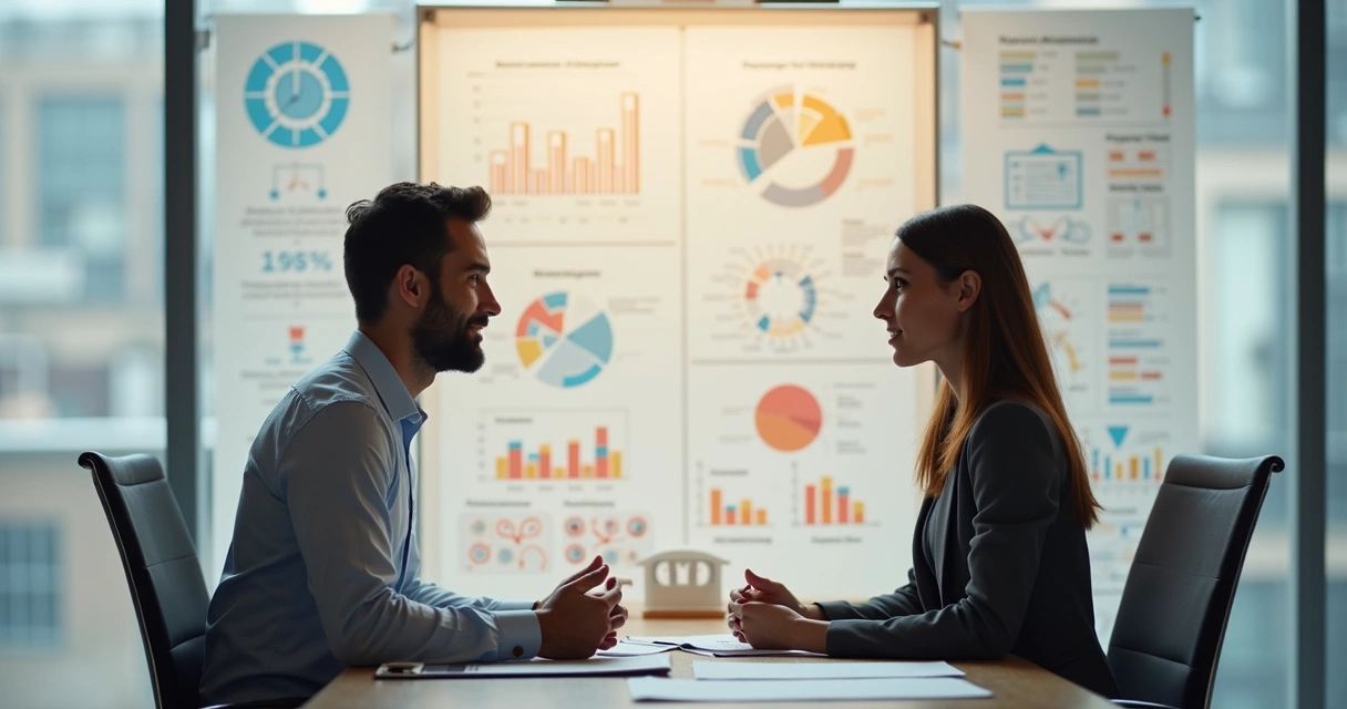 Two professionals sitting across a table engaged in a discussion, surrounded by charts representing traditional and holistic evaluation methods