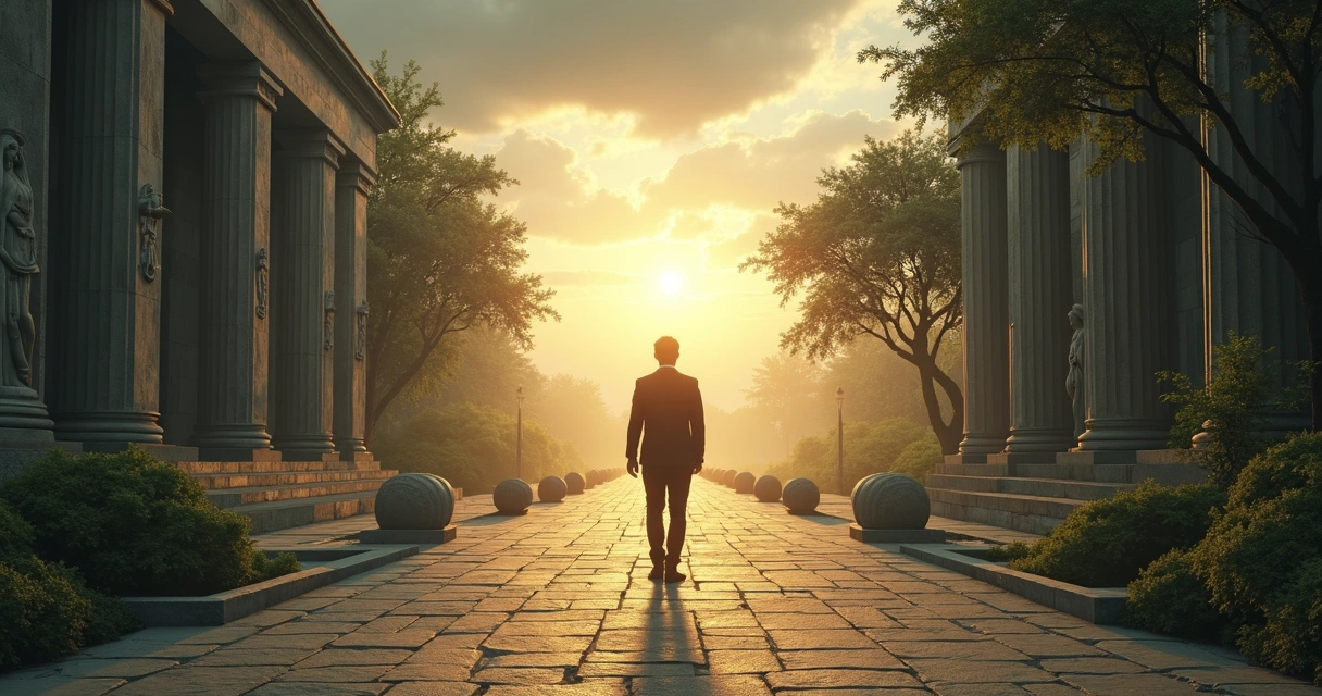 Person standing between two contrasting paths of rigid rules and luminous conscious values 