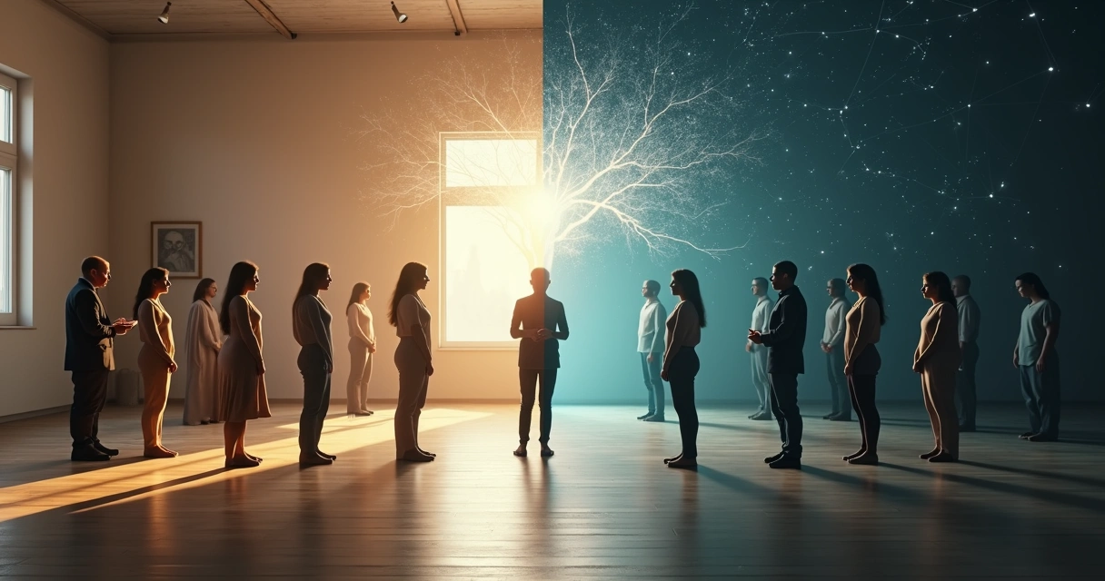 Split scene comparing a classic family circle with a systemic Marquesian constellation view 